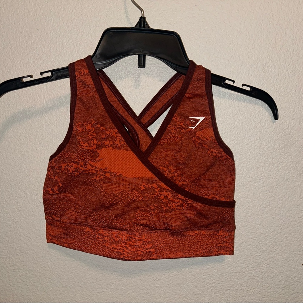 Gymshark Adapt Camo Seamless Sports Bra, Orange/Maroon Size S